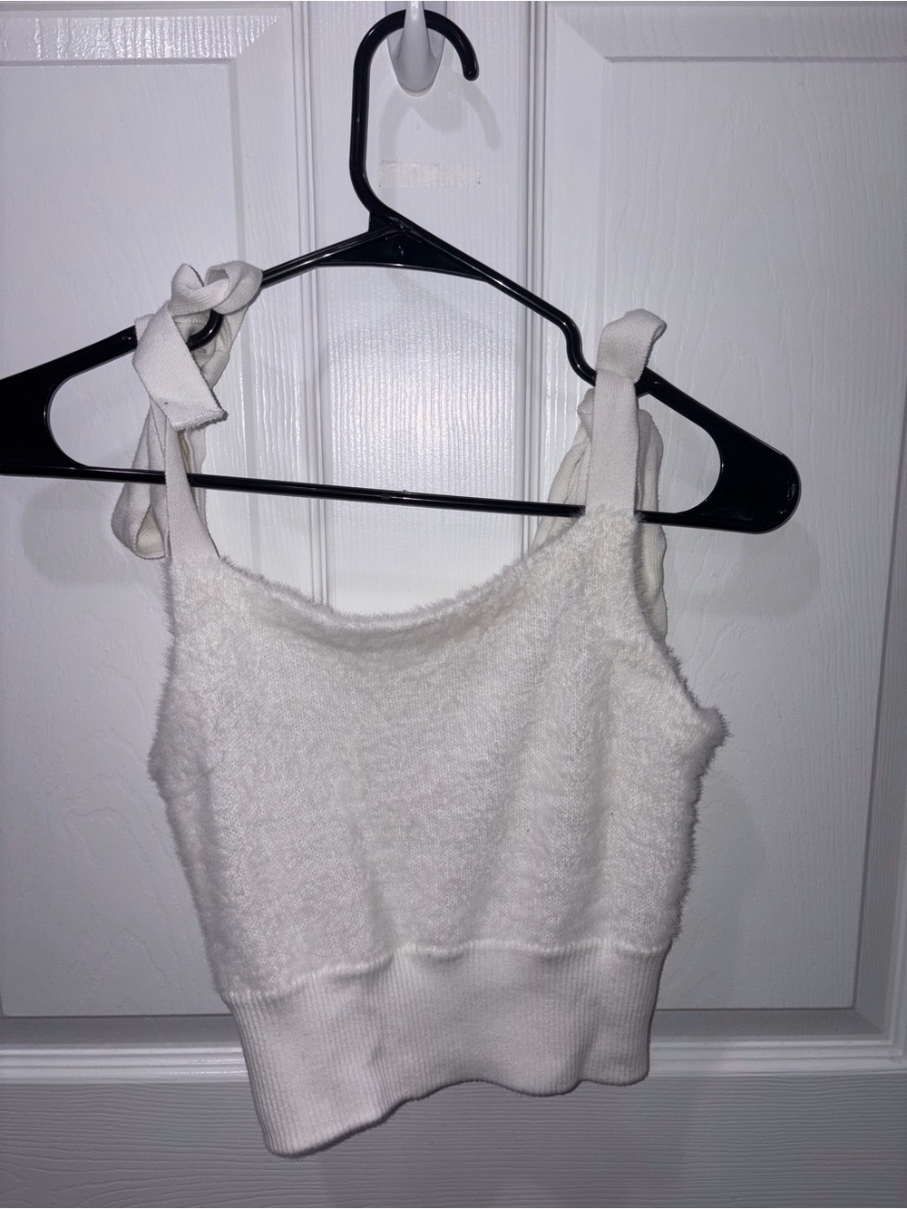 White Tie-Shoulder Fuzzy Crop Tank Top